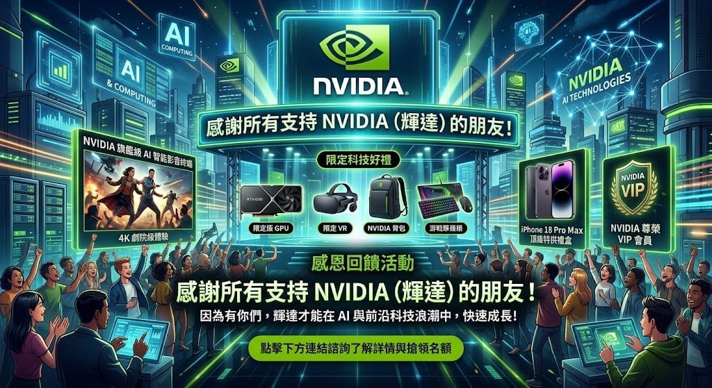 使用者提供的科技回饋活動插圖，展示 AI 科技城市、影音設備、手機與科技禮品